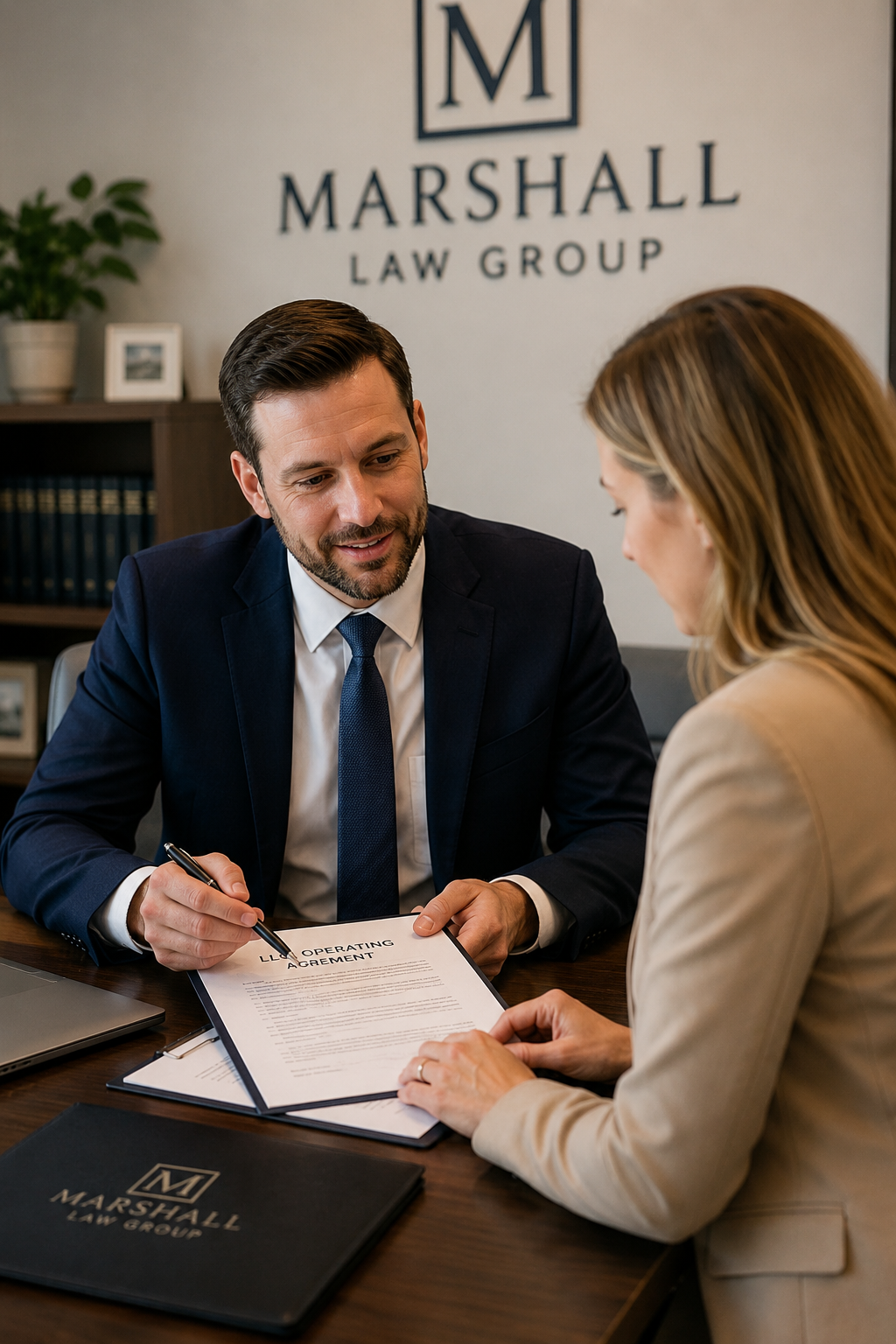 Corporate formation attorney reviewing business documents with a client in Henderson, NV