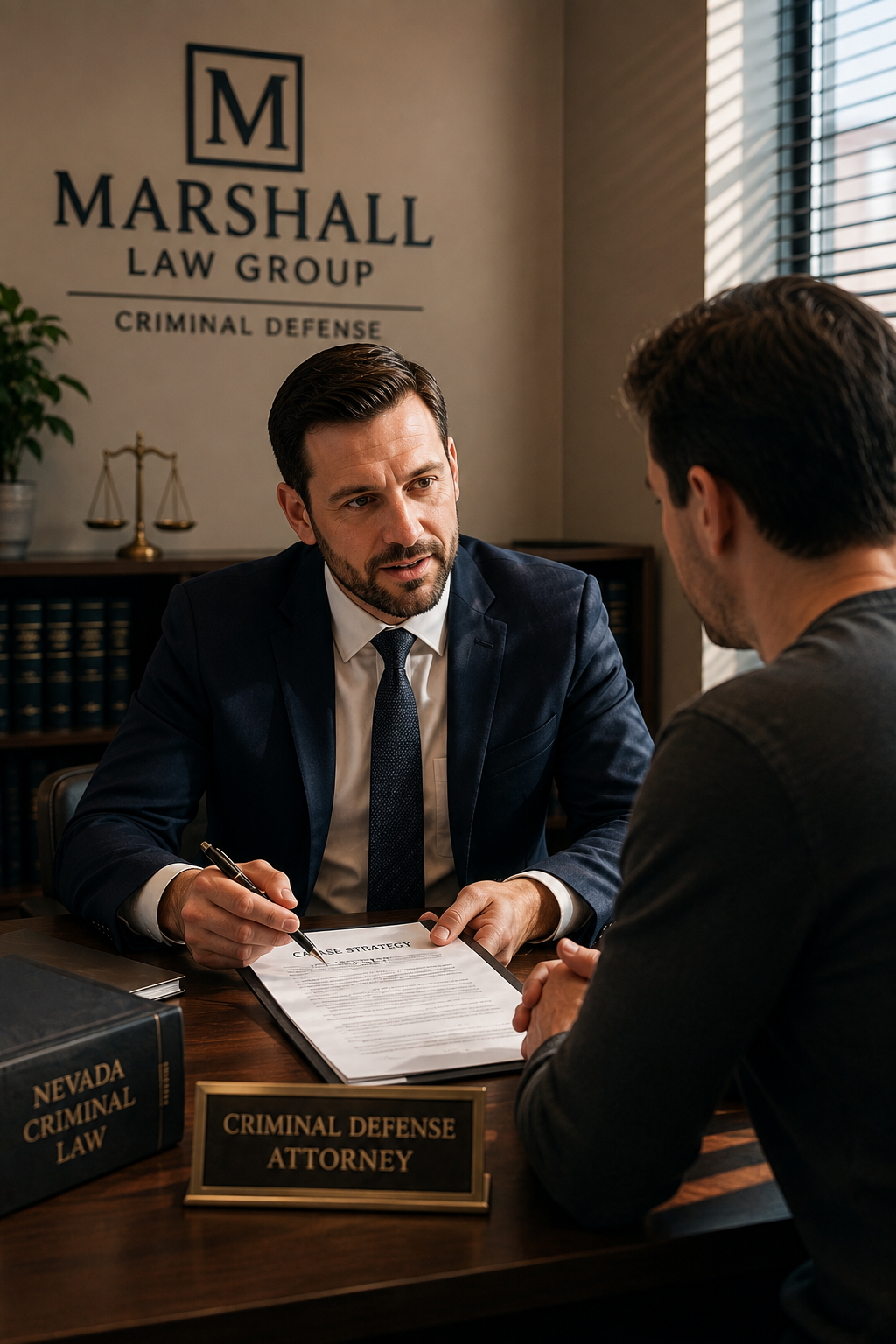 Criminal defense attorney reviewing legal documents with a client in Henderson, NV