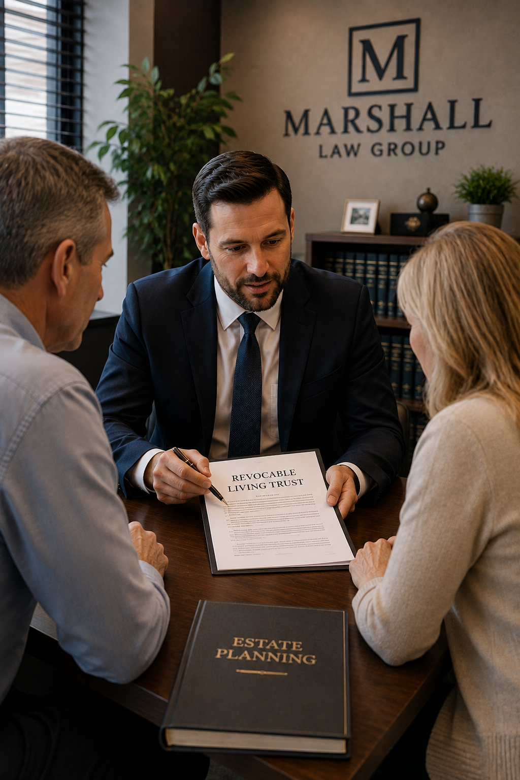 Trusts attorney reviewing a revocable living trust with clients in Henderson, NV